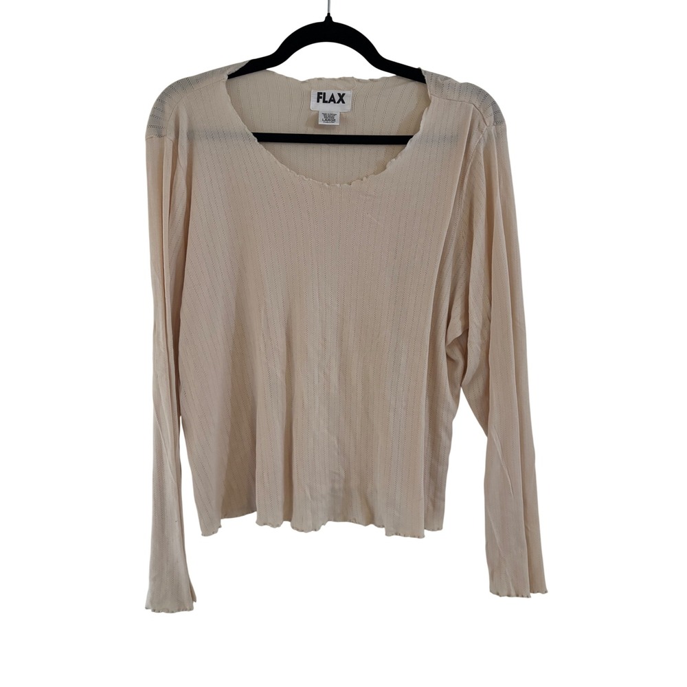 FLAX Women Cream Cotton Modal Pointelle Knit Long Sleeve Pajama Top Large